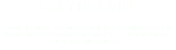 CIVIL Y MERCANTIL Elaboración de Contratos, Representación legal en Litigios por Conflictos Contractuales, Responsabilidad Civil Contractual y Extra Contractual, Derechos Reales, Concursos Mercantiles, Seguros, Fianzas, etc.
